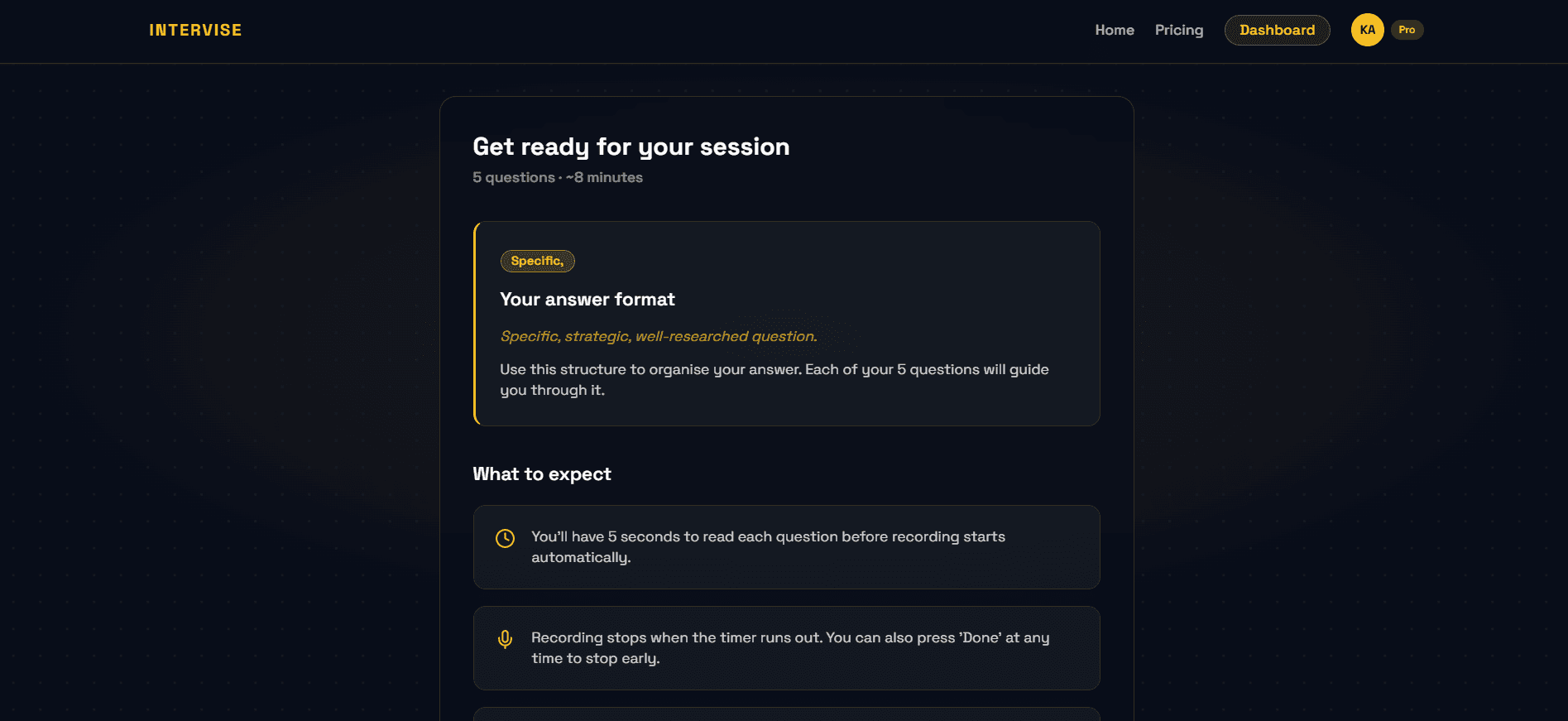 Session briefing card showing STAR answer format breakdown