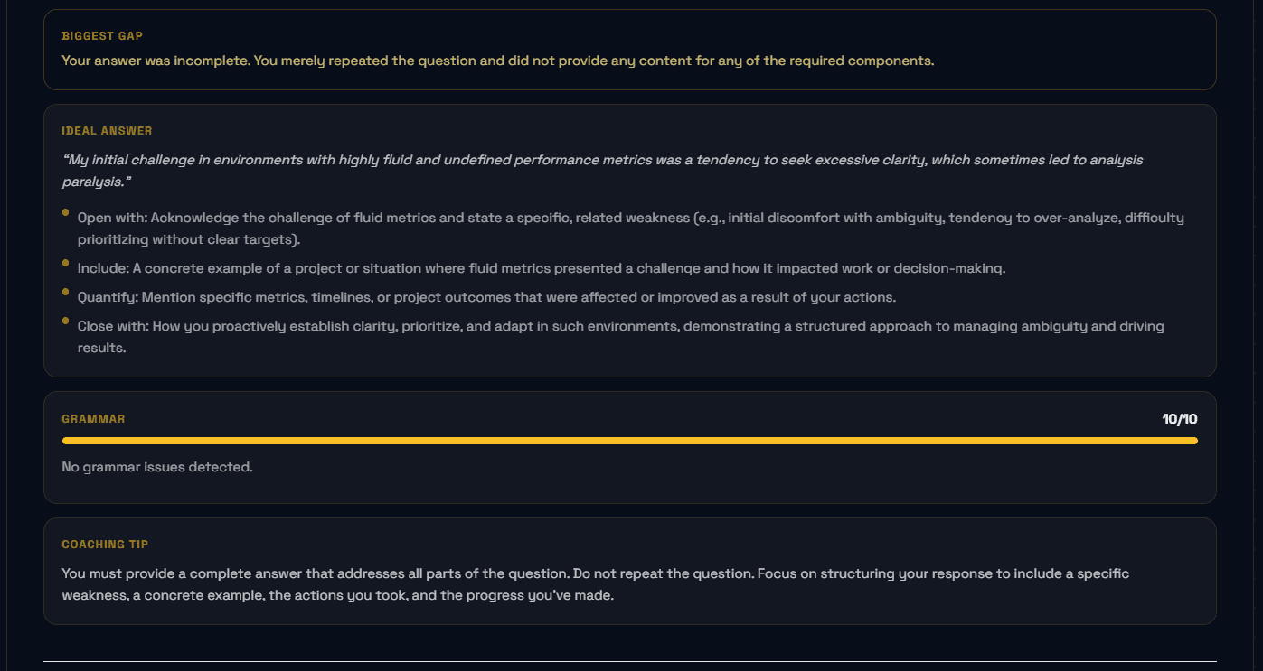 AI feedback card showing STAR component scores and coaching tip