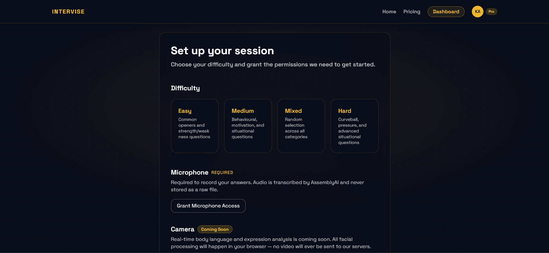 Session setup page showing difficulty selector and microphone grant